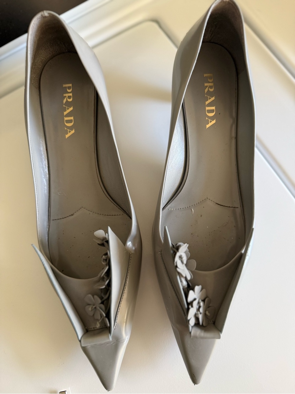 Prada Gray Pointed-Toe Floral Accent Pumps